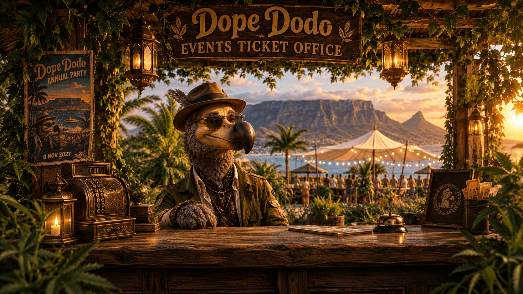 Dodo behind the Dope Dodo Events Ticket Office counter, ticket stubs and a cash register on the desk, the string-lit beach party visible behind him.