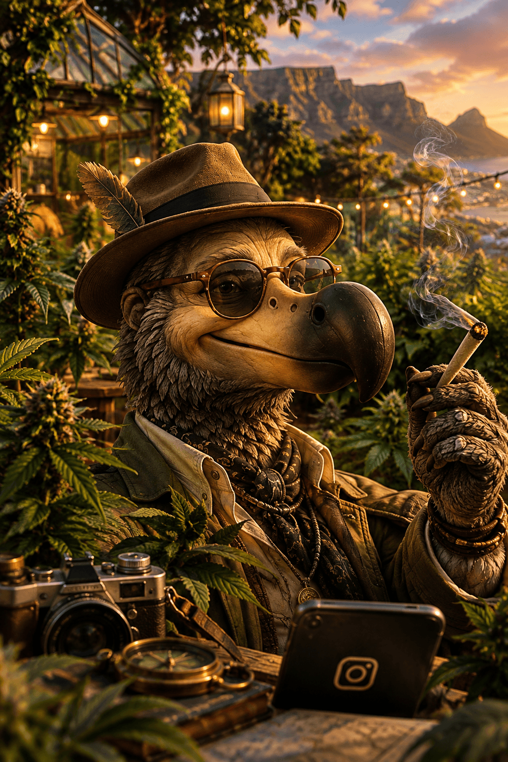 Dodo sitting among the cannabis plants at golden hour, smoking, with a camera, compass, and phone showing the Instagram icon on the table in front of him.